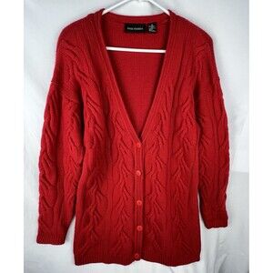 VTG Paul Harris Cable Knit Cardigan Womens M Lambswool Angora Red Pads Fisherman